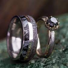 Black Diamond Ring Set White Gold Wedding Rings With Meteorite 3659 Black Diamond Ring Set Black Diamond Ring Engagement Black Wedding Rings