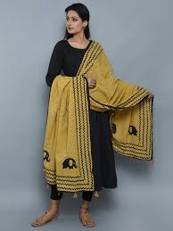 Black And Yellow Suit Design Mustard Black Baby Elephant Block Print Cotton Dupatta Scarf Design Wear Black Dresses Kurta Designs
