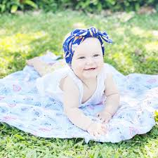 Baby elementson light blue background. Top Knot Baby Headband Navy Blue Floral Pattern Baby Wisp
