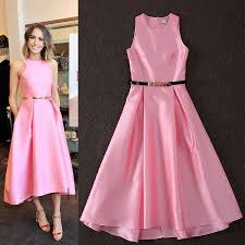 Ladies Golden Belted Mid Calf Length Pink Dress