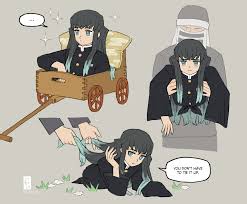 emlan, tokitou muichirou, kimetsu no yaiba, beige background, black  headwear, spoilers, ..., 1boy, 1other, :i, alternate universe, amputee,  aqua eyes, aqua hair, bisected, black hair, black shirt, buttons, carrying,  english text, flower,