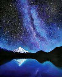 Acrylic Painting Starry Night With Silhouette Mountains And Snowy Peaks And Water Art Sky Painting Canvas Art