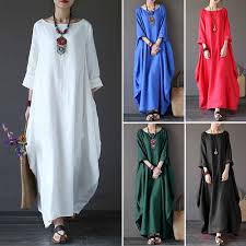 Zanzea Women Crew Neck Loose Casual Solid Cotton Baggy Oversized Long Maxi Dress Boho Shirt Dress Long Dress Casual Long Shirt Dress
