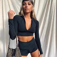 Matching two piece sets womens. Black Sexy Two Piece Set Zipper Crop Top Shorts Summer Outfits For Women 2 Piece Matching Set Sports Tracksuit C54aa76