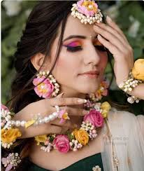 Pink And Yellow Flower Jewellery Gotapatti Set Necklace Etsy In 2020 Wedding Flower Jewelry Floral Jewellery Flower Jewellery