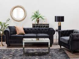Founded on solid and manufactured wood frames, each sofa features a full back, track arms, and tapered block legs in a dark finish. Velvet Living Room Set Black Chesterfield Beliani Co Uk