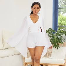 Zarif Pelerin Batwing Kollu Şifon Tulum Kadınlar Tulum 2019 Yaz Seksi V  Yaka Düğmesi Şort Tulum Siyah Beyaz Kıyafetler - AliExpress Women's Clothing