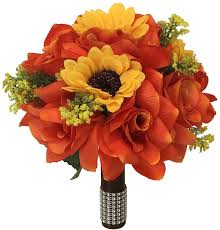 These pretty orange and yellow hues work perfectly for autumn weddings but would be just as pretty for spring or summer too. Amazon Com Angel Isabella 9 Wedding Bouquet Orange Roses And Yellow Sunflowers Artificial Flowers Home Kitchen