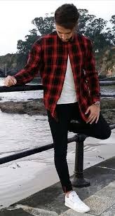 Black And White Flannel Mens Fall Combo Inspiration With A Red Black Buffalo Plaid Flannel White T Shirt Black Skinny Jeans No Show Socks White Reebo Winter Outfits Men Mens Outfits Casual