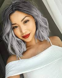 The length of the bob reaches the ears. Amazon Com Feshfen Short Bob Pastel Wavy Wig 14 Inch Ombre Grey Hair Black To Grey For Women Girls Natural Looking Wigs Middle Side Parting Synthetic Wig Cosplay Party Beauty