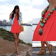 Coral Dress With Jean Jacket Fashion Style Inspiration Love Fashion