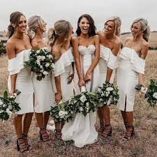 Gorgeous Off The Shoulder Ivory Short Bodycon Bridesmaid Dresses Short Bridesmaid Dresses Satin Bridesmaid Dresses White Bridesmaid