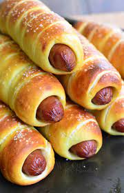 2) lay the pizza crust on a lightly floured surface (you don't want it to be sticky) and cut it into 10 strips, then gently roll each strip around the hot dog making sure to pinch the. Homemade Dijon Pretzel Wrapped Hot Dogs With Maple Dijon Dipping Sauce Will Cook For Smiles