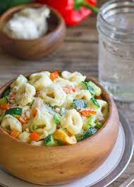 Vegetable Tortellini With Creamy Garlic Sauce Fresh Cheese Tortellini Meets Roasted Summer Vegetables Roasted Summer Vegetables Recipes Cooking Recipes