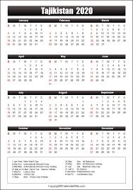 December 31 and january 7 new year's eve is the main celebration the victory's day: Printable Tajikistan Calendar 2020 With Holidays Public Holidays