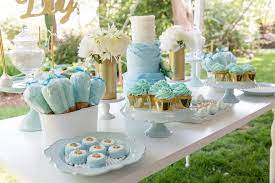 Blue Gold Baby Shower Kara S Party Ideas Baby Shower Sweets Baby Shower Sweets Table Baby Shower Dessert Table