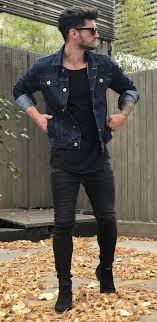 Fall Double Denim Dark Wash Denim Jacket Black T Shirt Black Skinny Jeans Black Chelsea Boots Sunglasses Mens Fashion Casual Mens Outfits Mens Casual Outfits