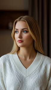 Model by Sofia AI A striking, medium-close-up portrait of a young woman  with fair skin and a gentle, pensive expression, looking off to her left.  Her piercing blue eyes are wide open,