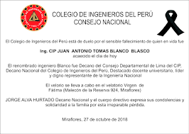 Ultimas normas, peru, mundo, deportes, política, economía, cultura y tecnología en el peruano. Condolencia27102018 Colegio De Ingenieros Del Peru