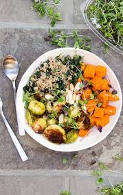 Sweet Potato Brussels Sprout Buddha Bowl I Panning The Globe Recipe Bowls Recipe Sweet Potato Bowls Vegetarian Ingredients