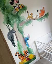 Muurschildering Wallpainting Kidsroom Nursery Babyroom Mashup Disney Winnie The Pooh Stitch Pocahontas Meeko Disney Baby Rooms Disney Wall Murals Disney Mural