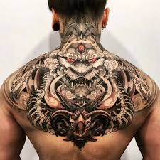 Done in black ink, it has little detail; Pin By Lil Majin On Back Tattoo Back Tattoos For Guys Cool Chest Tattoos Back Of Neck Tattoo