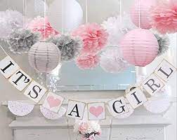 Baby Girl Baby Shower Decorations It Is A Girl Banners And Paper Lantern Paper Flower Pom Poms Pink White Grey C318cxnrus2 Girl Shower Decorations Girl Baby Shower Decorations Diy