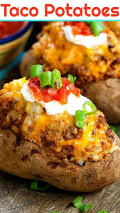 Double Stuffed Taco Potatoes And A Giveaway Spicy Southern Kitchen Recipe Ground Beef Tacos Food Recipes