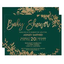 Gold Typography Leaf Floral Green Baby Shower Invitation Zazzle Com Green Baby Shower Green Baby Shower Invitations Floral Baby Shower Invitations