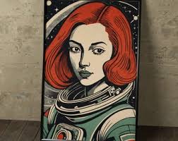 Retro Pop Art Female Astronaut, Woodblock Print Home Decor, Digital Print