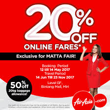 Kuala lumpur convention centre (klcc). Airasia Flight Ticket 20 Off Online Fares Matta Fair Kota Kinabalu Miri Booking 12 14 May Travel 14 June 23 November 2017 Harga Runtuh Harga Runtuh Durian Runtuh