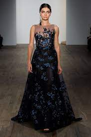 Cecelia Black Trumpet Wedding Dress With Blue Floral Embroidery And Sheer Train Wedding Dress Trends Black Wedding Dresses Lazaro Wedding Dress