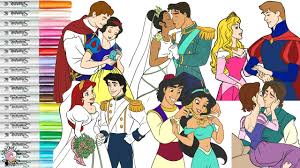The coloring pictures include beautiful princesses in long gowns, on horseback or in princes, knights, and most other men would love to marry a princess. Disney Princess Coloring Book Pages Snow White Charming Aladdin Jasmine Eric Ariel Aurora Tiana Youtube