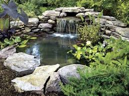 Garten Teich Anlage Bepflanzungen Grosse Flache Steine Wasserfall Teichlandschafts Aussenbrunnen Wasserfall Garten