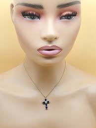 Vintage Avon Gold Tone Blue Crystal Cross Pendant Necklace