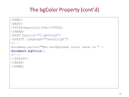 Giving nearby villagers (including former poachers) responsibility for caring for the animals. 1 Csc160 Chapter 9 The Document Object Outline Document Objects Properties Of The Document Object Linkcolor Alinkcolor Vlinkcolor Bgcolor Fgcolor Lastmodified Ppt Download
