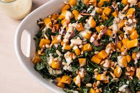 Roasted Butternut Squash And Kale Salad With Tahini Dressing Recipe Recipe Butternut Squash Salad Roasted Butternut Squash Vegetarian Thanksgiving Menu