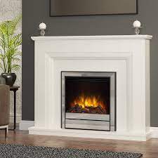 White fireplace surround with electric fire. Katia Deluxe White Micro Marble Electric Fire Suite