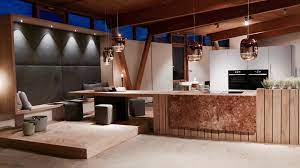 beleuchtete sitznische aus holz mit anthrazit bezogener ruckwand an weisser kuche mit tresen und podest polierte hangeleuchten uber t weisse kuche wohnen kuche