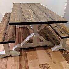 Rustic Pedestal 7ft Farmhouse Table With Long Benches Etsy Farmhouse Table With Bench Farmhouse Dining Table Rustic Farmhouse Table