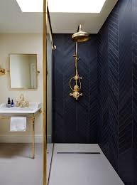 Blue And Gold Bathroom Inspiration Navy Blue Chevron Subway Tile Shower Blue Bathroom Decor Gold Bathroom Bathroom Interior Design