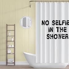Make Your Shower A Selfie Free Zone With This Fun Bold And Simple Shower Curtain Featuring Grunge Sty Funny Shower Curtains White Shower White Shower Curtain