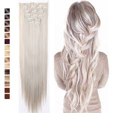 Material of the clipped extensions : Amazon Com S Noilite 26 Long Straight Curly 8 Pieces Clip In On Hair Extensions Ash Blonde Mix Silver Grey Full Head Set Thick Hairpiece Synthetic Hair Extensions For Girl Lady Women Usa