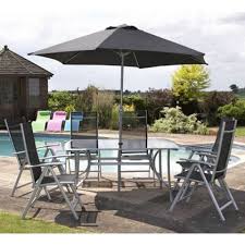 6 Seater Garden Dining Set Grey Metal Glass Parasol Patio Lawn Outdoor Furniture Garden Furniture Sets Patio Garden Set