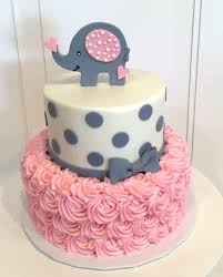 Baby Shower Cake With Elephant On Top The Cake Is A Pink Rosette 2 Tier With Grey Polka Dots Baby Shower Cakes Girl Elephant Baby Shower Cake Baby Girl Cakes