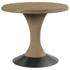 The table's natural stain highlights the wood's grain, creating a subtle sunburst effect. Kincaid Furniture Modern Forge Lindale Round Counter Height Solid Wood Dining Table With Rope Trim Lindy S Furniture Company Pub Tables
