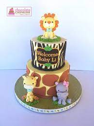 Jungle Themed Baby Shower Cake With Fondant Animal Toppers Vanilla Cake With Vanilla Buttercream Cake Jungle Cake Baby Shower Cakes