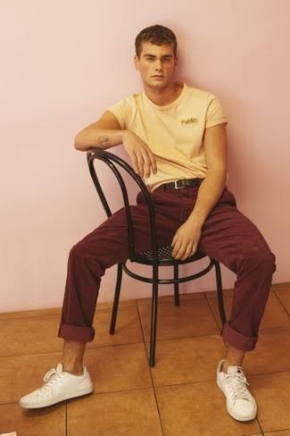 Burgundy Pants Burgundy And Yellow Outfits Men's Outfit: Yellow Print Crew-neck T-shirt, Burgundy Chinos
