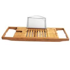 Luxury bamboo bath bridge tub caddy tray rack bathroom shelf, slim design, extendable durable bamboo and metal material in exquisite workmanship for many years use can be placed on bathtub bamboo bathtub tray caddy expandable with reading rack or tablet holder. Bamboo Bathtub Tray Caddy Wooden Bath Tray Table With Extending Sides Reading Rack Tablet Holder Cellphone Tray And Wine Glass Holder Walmart Canada