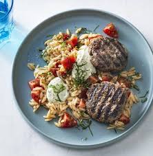 Grilled Beef Patties With Orzo Salad Savory Recipe Weeknight Dinner Recipes Easy Beef Recipes Easy Homemade Burger Recipe